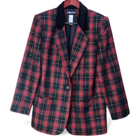 Sag Harbor Blazer Womens Vintage Holiday Plaid Gold Thread Lined/ Velvet collar - Picture 1 of 13